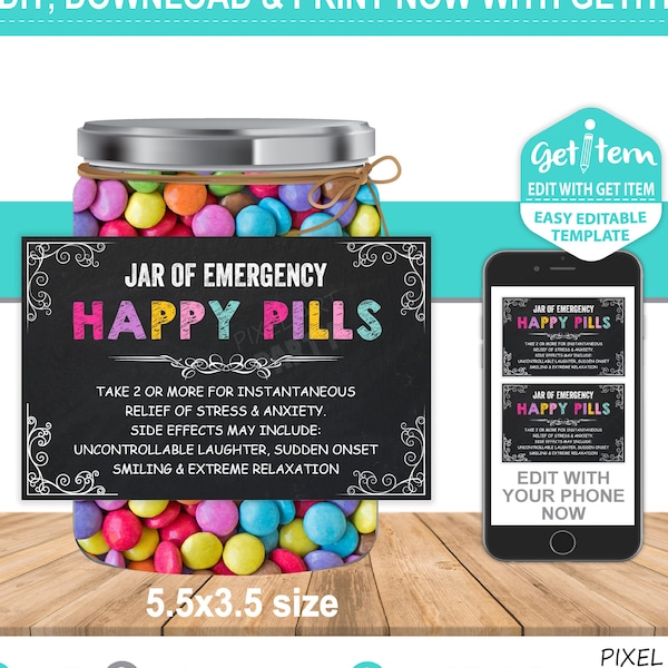 Happy Pills Labels, Funny Gift Labels, Funny Gag Gift,  EDIT NOW, id: 10425_HP