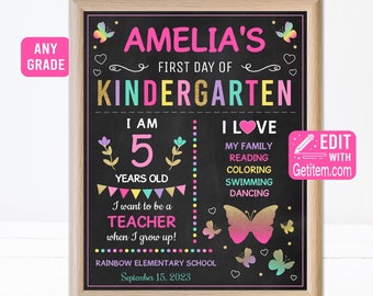 Editable First Day of Kindergarten Sign Butterfly First Day of Kindergarten Sign Back to School Butterflies Chalkboard  EDIT NOW, id: 12654