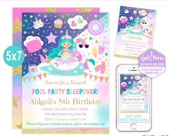 Slumber Pool Party Birthday Invitation Unicorn Sleepover Pool Party Sleepover Swim Birthday Invitation 5x7, EDIT NOW, id: 11159