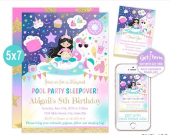 Slumber Pool Party Birthday Invitation Unicorn Sleepover Pool Party Sleepover Swim Birthday Invitation 5x7, EDIT NOW, id: 11151