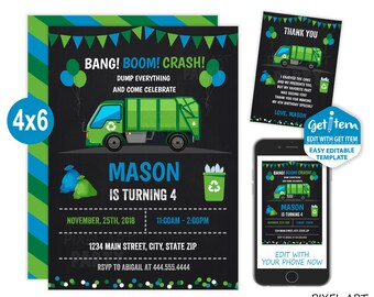 Garbage Truck Birthday Invitation, Garbage Invitation, Garbage Party, 4x6, EDIT NOW, id: 10777