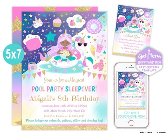 Slumber Pool Party Birthday Invitation Unicorn Sleepover Pool Party Sleepover Swim Birthday Invitation 5x7, EDIT NOW, id: 11161