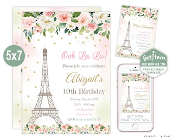 Paris Birthday Invitation, Paris Invitation, Paris Party, 5x7, EDIT NOW, id: 10983