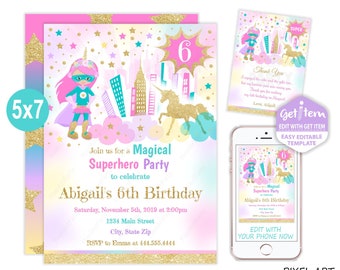 Unicorn Superhero Birthday Invitation, Superhero Invitation, Unicorn Party, 5x7, EDIT NOW, id: 11059