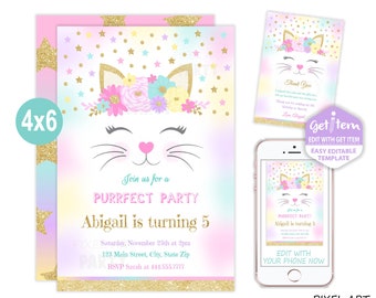 Cat Birthday Invitation, Kitten Invitation, Kitten Party, 4x6, EDIT NOW, id: 10992
