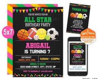 All Star Birthday Invitation, Sports Invitation, Sports Party, 5x7, EDIT NOW, id: 10787