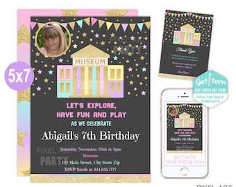 Museum Birthday Invitation, Museum Birthday Photo Invitation, Party Invitation, 5x7, EDIT NOW, id: 10656