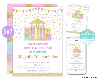 Museum Birthday Invitation, Museum Birthday Invitation, Party Invitation, 5x7, EDIT NOW, id: 10652