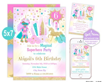 Unicorn Superhero Birthday Invitation, Superhero Invitation, Unicorn Party, 5x7, EDIT NOW, id: 11063