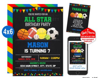 All Star Birthday Invitation, Sports Invitation, Sports Party, 4x6, EDIT NOW, id: 10788