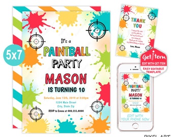 Paintball Invitation, Paintball Party, Paintball Birthday Party Invitation, 5x7, EDIT NOW, id: 11208