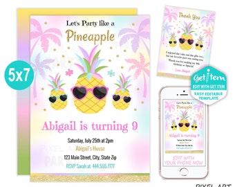 Let's Party Like a Pineapple Invitation, Pineapple Invitation, Pineapple Party, Summer Party Invitation, 5x7, EDIT NOW, id: 10913