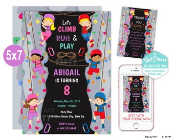 Rock Wall Climbing Invitation, Rock Climbing Invitation, Girl's Rock Wall Climbing Invitation  5x7, EDIT NOW, id: 10641