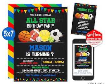 All Star Birthday Invitation, Sports Invitation, Sports Party, 5x7, EDIT NOW, id: 10786