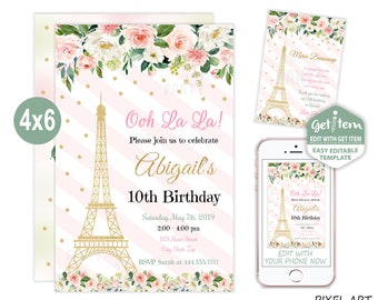 Paris Birthday Invitation, Paris Invitation, Paris Party, 4x6, EDIT NOW, id: 10986