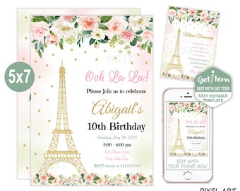 Paris Birthday Invitation, Paris Invitation, Paris Party, 5x7, EDIT NOW, id: 10979