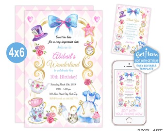 Editable Alice in Wonderland Birthday Invitation Whimsical Mad Tea Party Invite Alice In Onederland 4x6, EDIT NOW, id: 10896