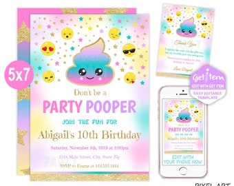 Don't be a Party Pooper Birthday Invitation, Birthday Invitation, Emoji Party Invitation, 5x7, EDIT NOW, id: 10661