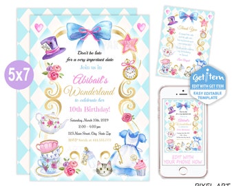 Editable Alice in Wonderland Birthday Invitation Whimsical Mad Tea Party Invite Alice In Onederland 5x7, EDIT NOW, id: 10893