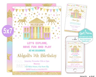 Unicorn Museum Birthday Invitation, Museum Birthday Invitation, Party Invitation, 5x7, EDIT NOW, id: 10649