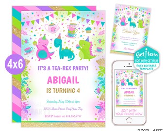 Tea Rex Birthday Invitation, Dinosaur Party Invitation, 4x6, EDIT NOW, id: 10800