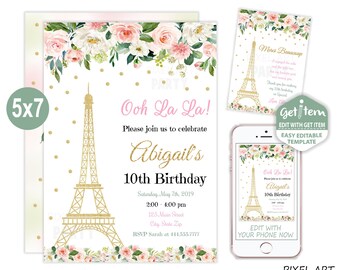 Paris Birthday Invitation, Paris Invitation, Paris Party, 5x7, EDIT NOW, id: 10981