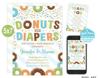 Donuts and Diapers Baby Shower Invitation, Donut Baby Shower Invitation, Donuts and Diapers, 5x7, EDIT NOW, id: 10332_DBSI