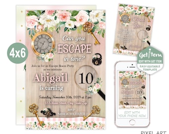 Escape Room Invitation, Escape Room Party, Escape Room Birthday Party Invitation, 4x6, EDIT NOW, id: 11217