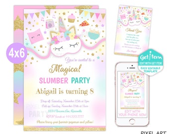 Unicorn Slumber Party Invitation, Unicorn Pajama Invitation, Pajama Party, 4x6, EDIT NOW, id: 10699