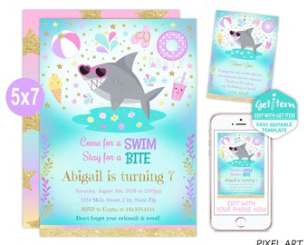 Shark Pool Party Invitation, Shark Pool Party, Pool Party Invitation, 5x7, EDIT NOW, id: 10706