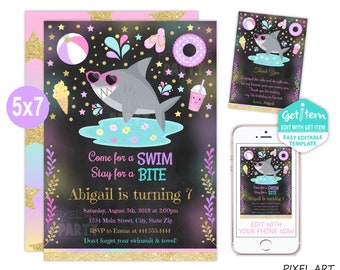 Shark Pool Party Invitation, Shark Pool Party, Pool Party Invitation, 5x7, EDIT NOW, id: 10705