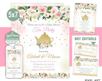 Tea Party Baby Shower Invitation, Tea Party Invitation, Baby Shower, 5x7, EDIT NOW, id: 10830