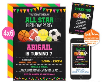 All Star Birthday Invitation, Sports Invitation, Sports Party, 4x6, EDIT NOW, id: 10789