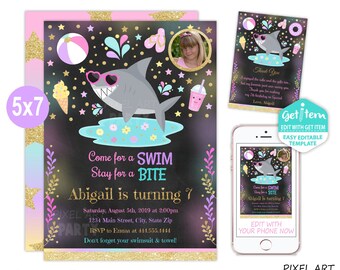 Shark Pool Party Invitation, Shark Pool Party, Pool Party Photo Invitation, 5x7, EDIT NOW, id: 10708