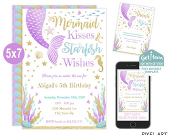 Mermaid Invitation, Mermaid Birthday Invitation, Mermaid Party, 5x7, EDIT NOW, id: 10256_MBI