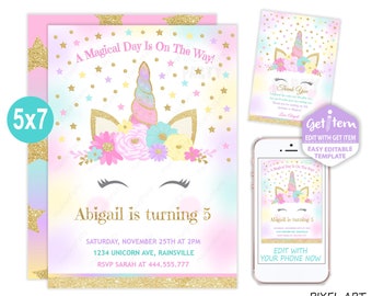 Editable Unicorn Invitation Unicorn Birthday Party Rainbow Unicorn Party Magical Unicorn Party UBP1 EDIT NOW, id: 10413