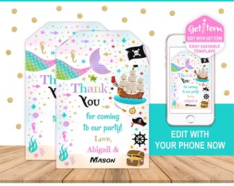 Mermaid and Pirate Favor Tags, Mermaid and Pirate Gift Tags, Mermaid Party, Pirate Party, EDIT NOW, id: 10974