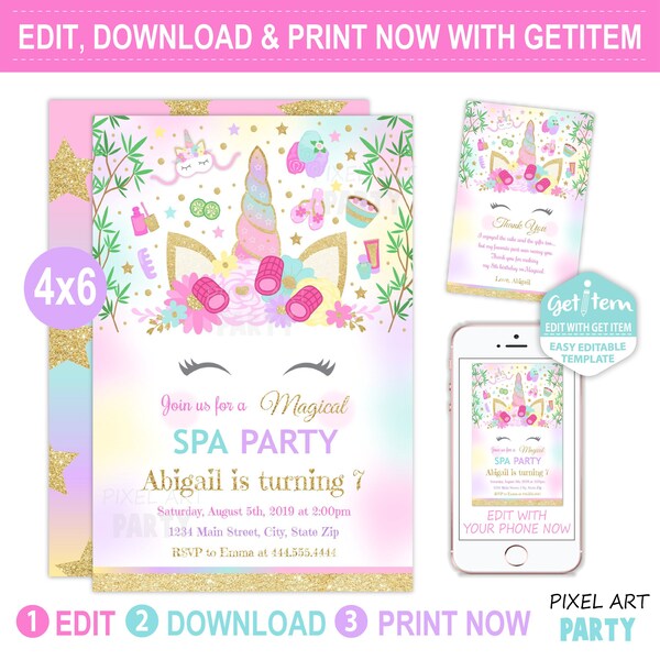 Licorne Spa Party Invitation, Licorne Spa Party, Spa Party Invitation, 4 x 6, EDIT NOW, id : 10671