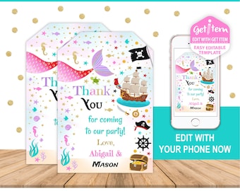 Mermaid and Pirate Favor Tags, Mermaid and Pirate Gift Tags, Mermaid Party, Pirate Party, EDIT NOW, id: 10978