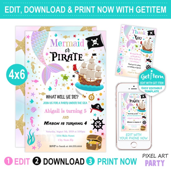 Editable Mermaid And Pirate Birthday Invitation Sibling Mermaid & Pirate Invite Sibling Mermaid Pirate Party 4x6, EDIT NOW, id: 10886