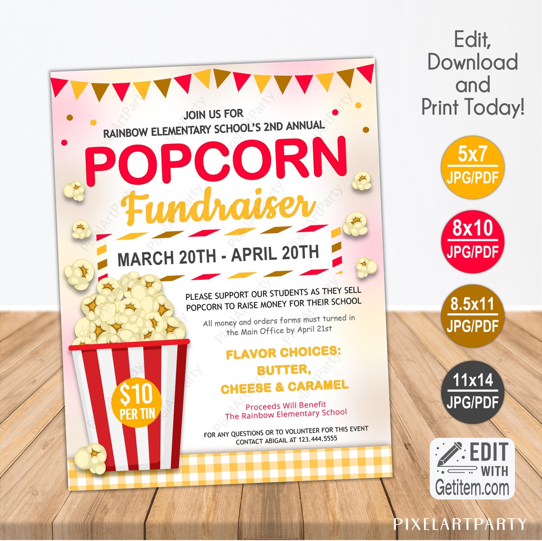 EDITABLE Popcorn Fundraiser Flyer Popcorn Flyer Charity Non Profit