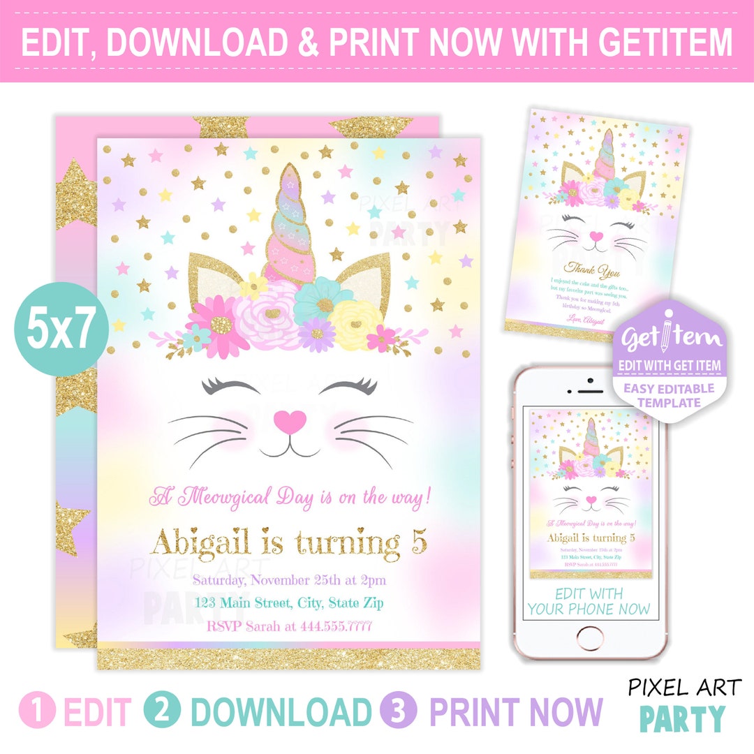 Editable Caticorn Birthday Invitation Caticorn Party Invitation Kitten ...
