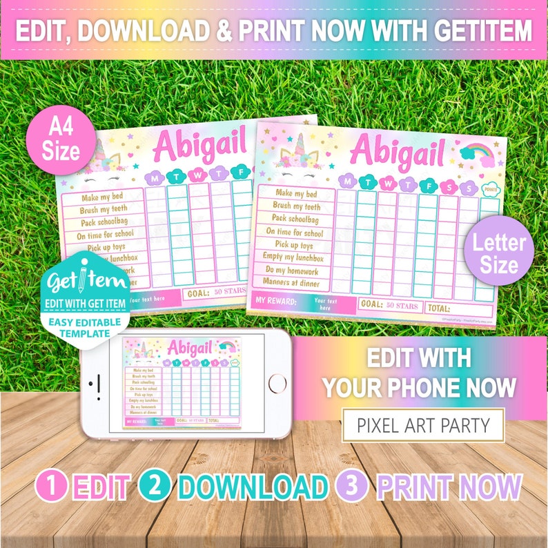 unicorn chore chart reward chart letter size a4 size edit