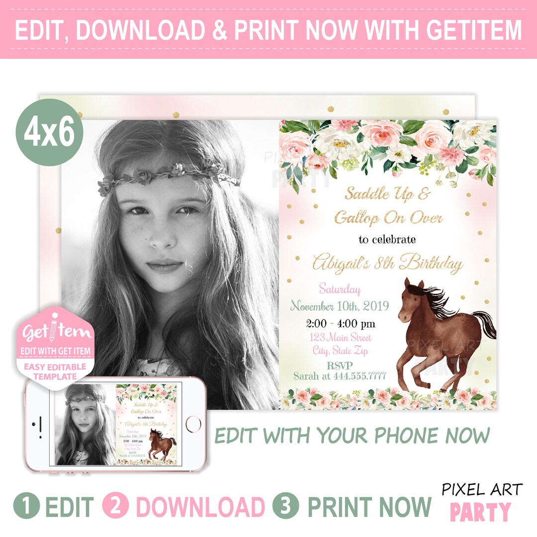 Horse Birthday Invitation, Horse Invitation, Horse Party, 4x6, EDIT NOW