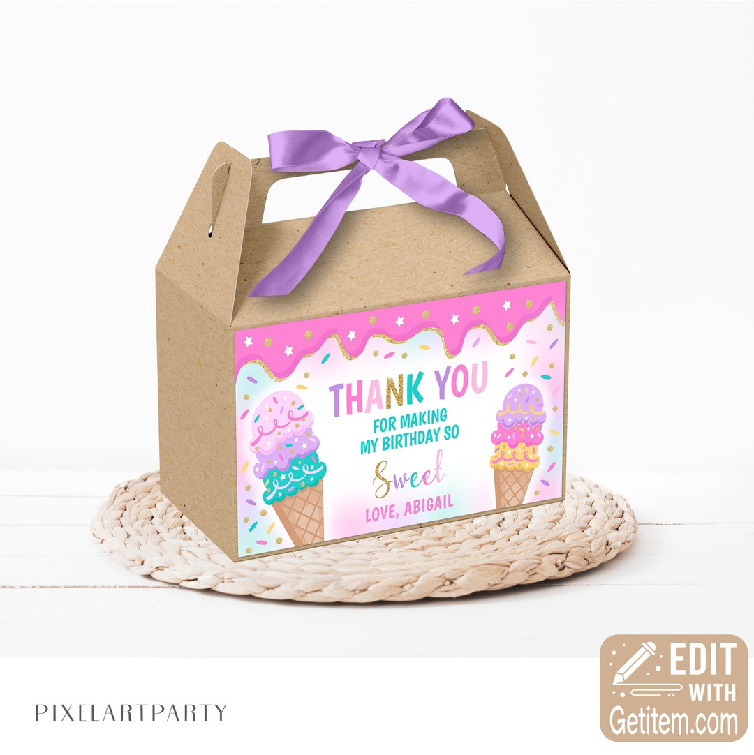 Editable Ice Cream Gable Box Label Ice Cream Birthday Gift Box Label