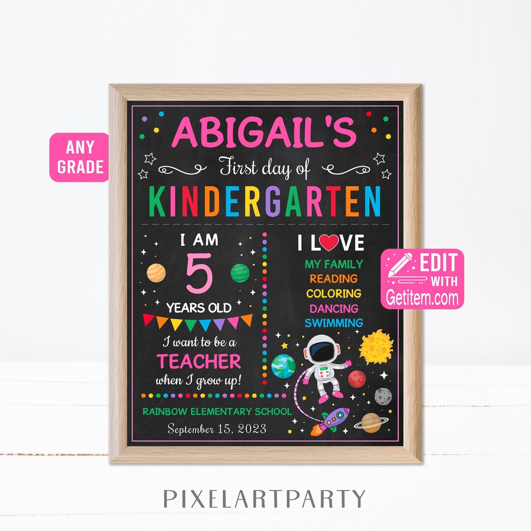 Editable Space First Day of School Sign Girl Kindergarten 1st 2nd 3rd