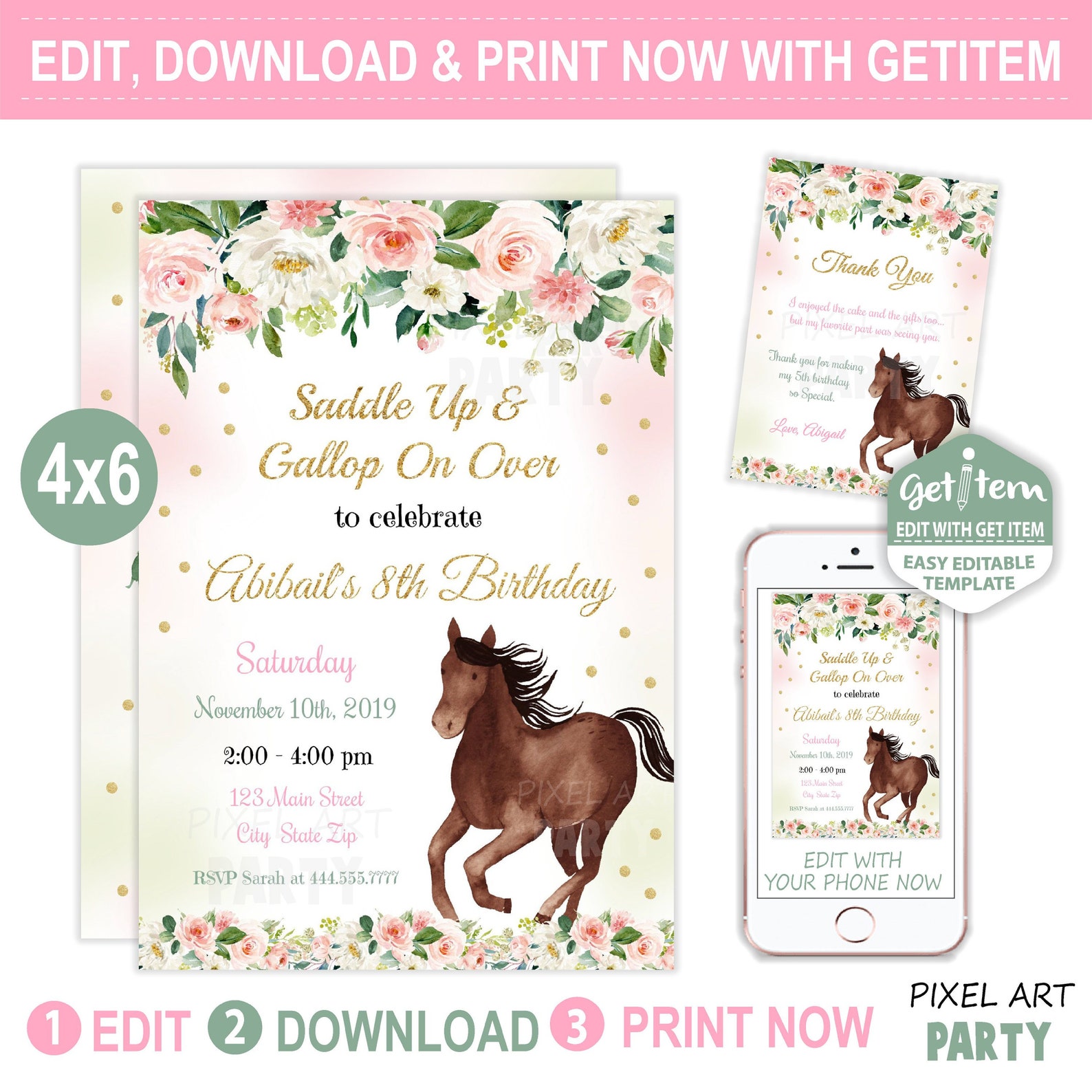 Horse Birthday Invitation Horse Invitation Horse Party 4x6 Etsy