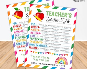 Editable Teacher Survival Kit Printable Back To School Teacher Appreciation Teacher Gift PTO PTA Survival Kit  id: 12955