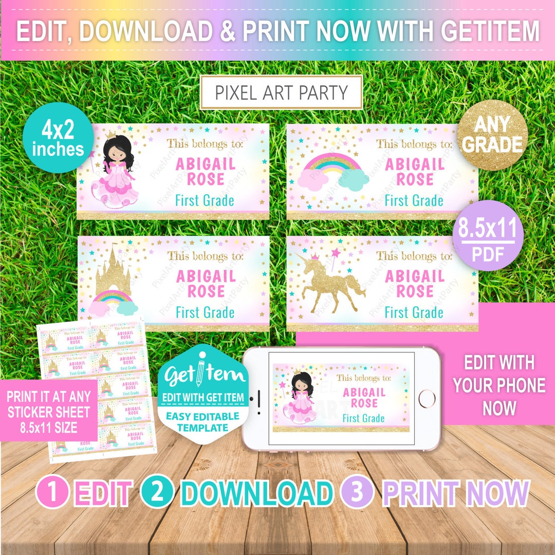 Assignment Label Princess Princess School Labels, Unicorn Name Labels, Rainbow, School Labels ...