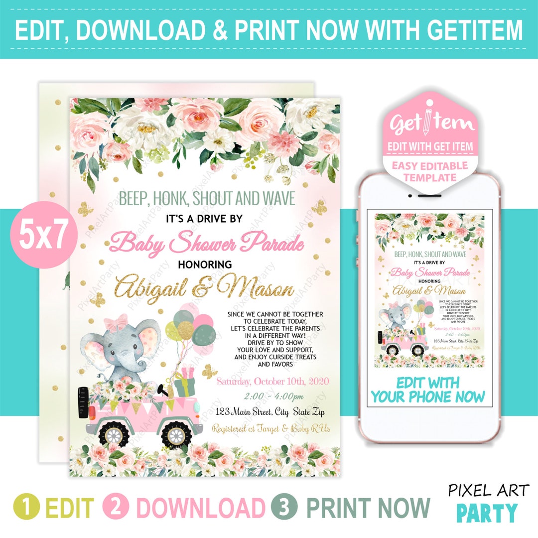 Elephant Drive by Baby Shower Invitation Drive Thru Social Etsy